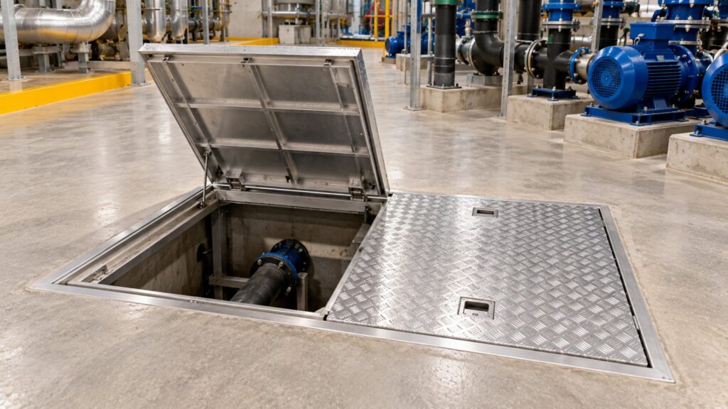 Aluminium double-opening manhole cover in a plant room – Alphatek UAE