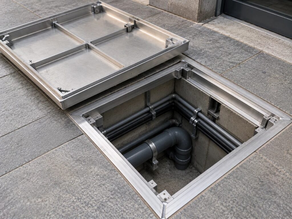 Aluminium recessed manhole cover 600 x 600 mm, tray lifted from frame – Alphatek UAE