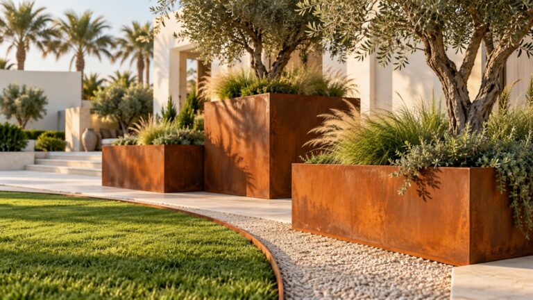 Corten steel planter boxes and landscape edging in a villa garden in Dubai