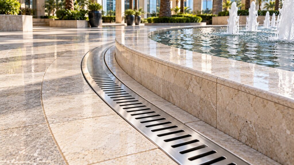 Curved stainless steel drainage channel following a radius around a fountain plaza