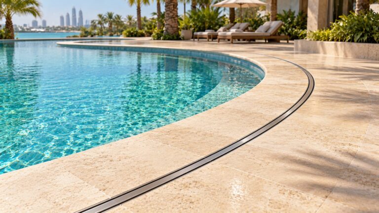 Curved stainless steel radius slot drain following a curved pool deck in Dubai