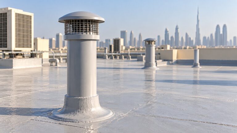 Drainage vent pipe with a mesh vent cowl on a residential tower roof in Dubai