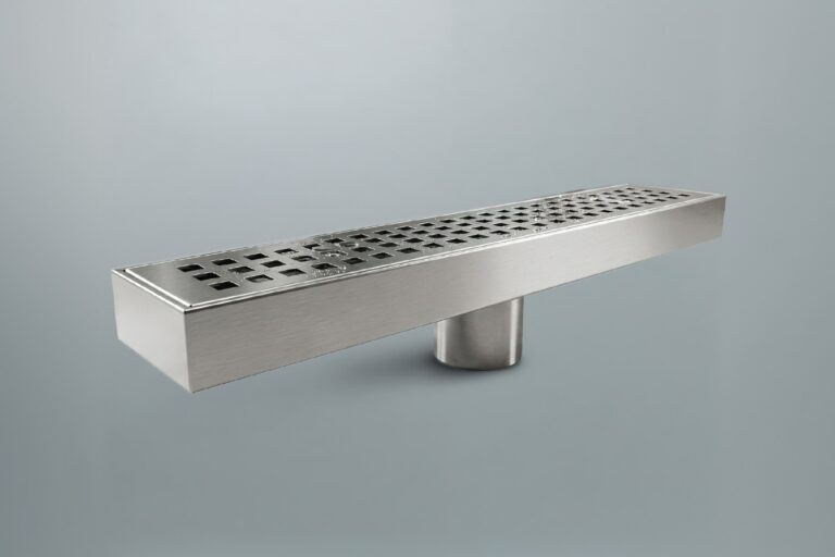 Stainless steel linear shower drain with square grate