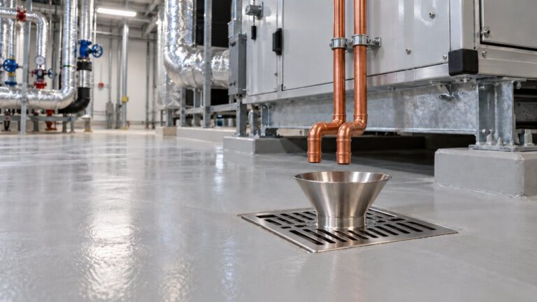 Stainless steel funnel floor drain receiving AC condensate pipes in a Dubai plant room