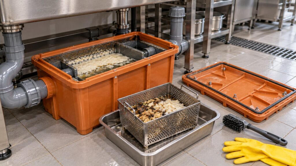 Open PVC grease trap with its basket removed for cleaning in a Dubai restaurant kitchen