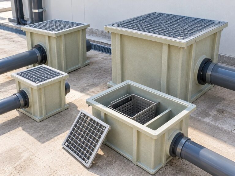 GRP gully traps with gratings and removable stainless steel basket