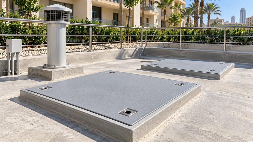 Sealed GRP covers on a water tank roof slab – Alphatek UAE