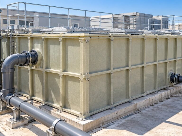 GRP sectional tank on a rooftop with pipe connections