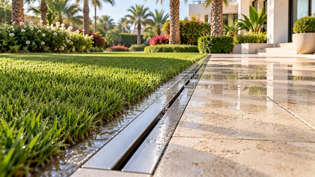 Stainless steel slot channel between lawn and paving in a Dubai villa garden