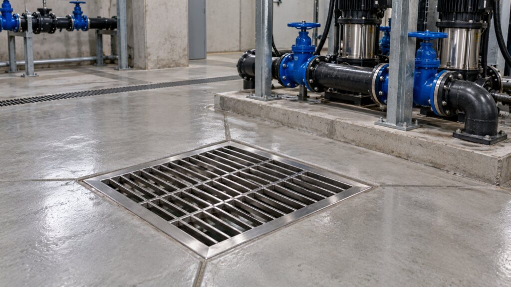 Stainless steel sump pit drain with heavy grating in a Dubai basement pump room