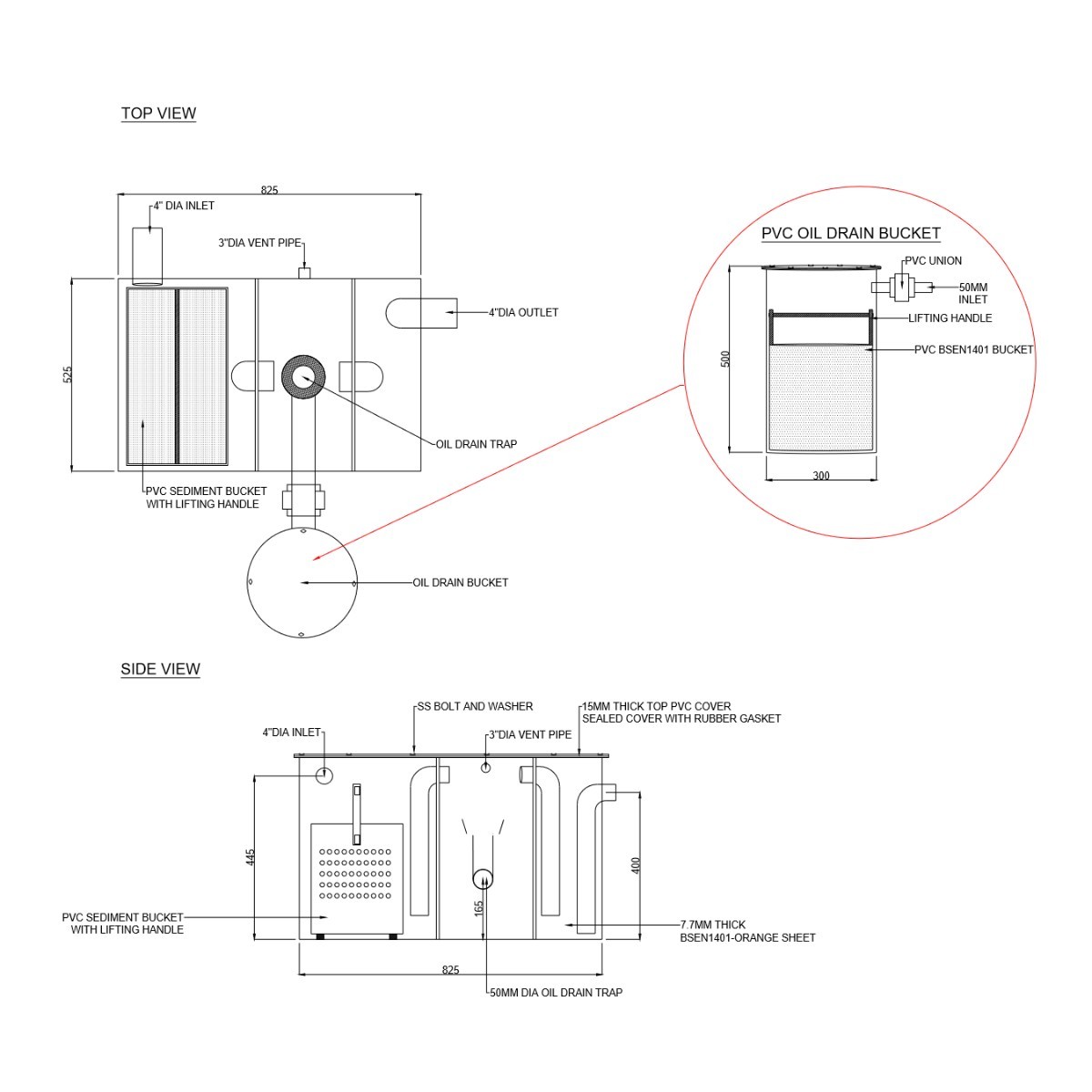 Grease trap and interceptor drawing showing baffles and outlet