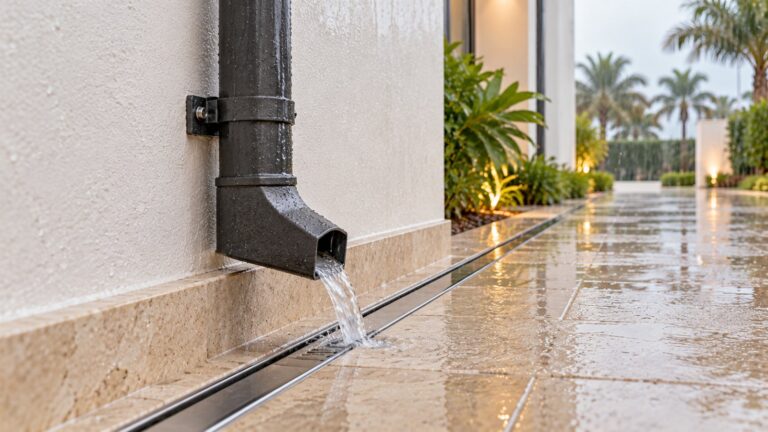 Cast iron rainwater shoe at the foot of a villa downpipe discharging into a slot drain in Dubai