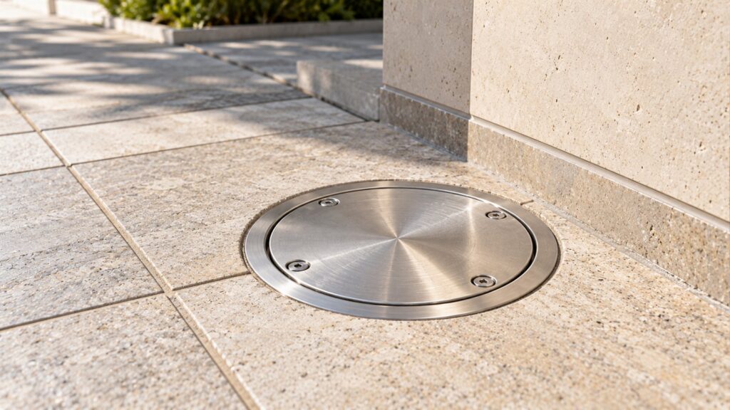 Round stainless steel rodding eye cover flush in stone paving beside a building wall