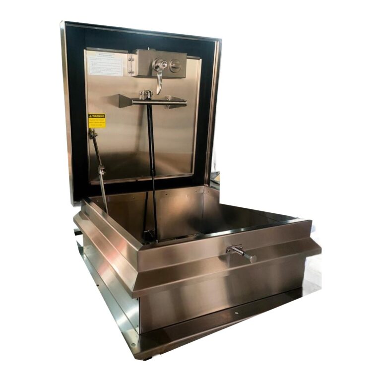 Stainless steel roof access hatch, open, side view
