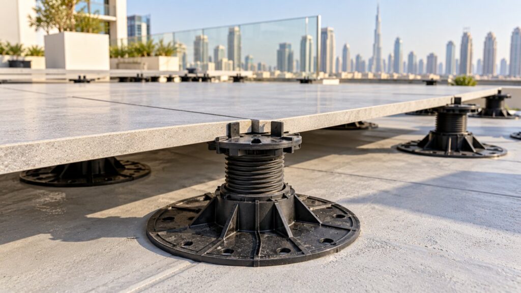 Screw-adjustable paver pedestal levelling porcelain pavers on a Dubai roof