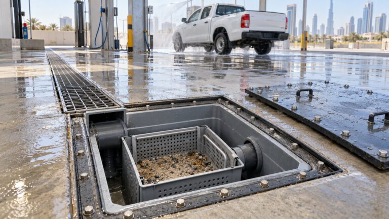 Open sediment interceptor chamber with a removable basket at a vehicle wash bay in Dubai
