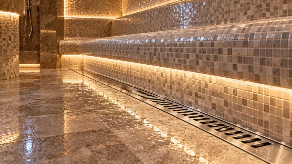 Stainless steel spa channel along a tiled bench in a Dubai hotel steam room