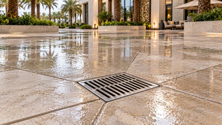 Square stainless steel area drain set in stone paving in a Dubai courtyard