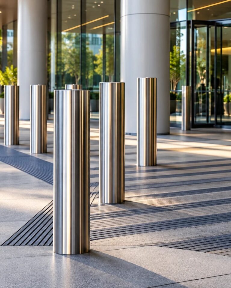 Stainless steel bollards at a building entrance