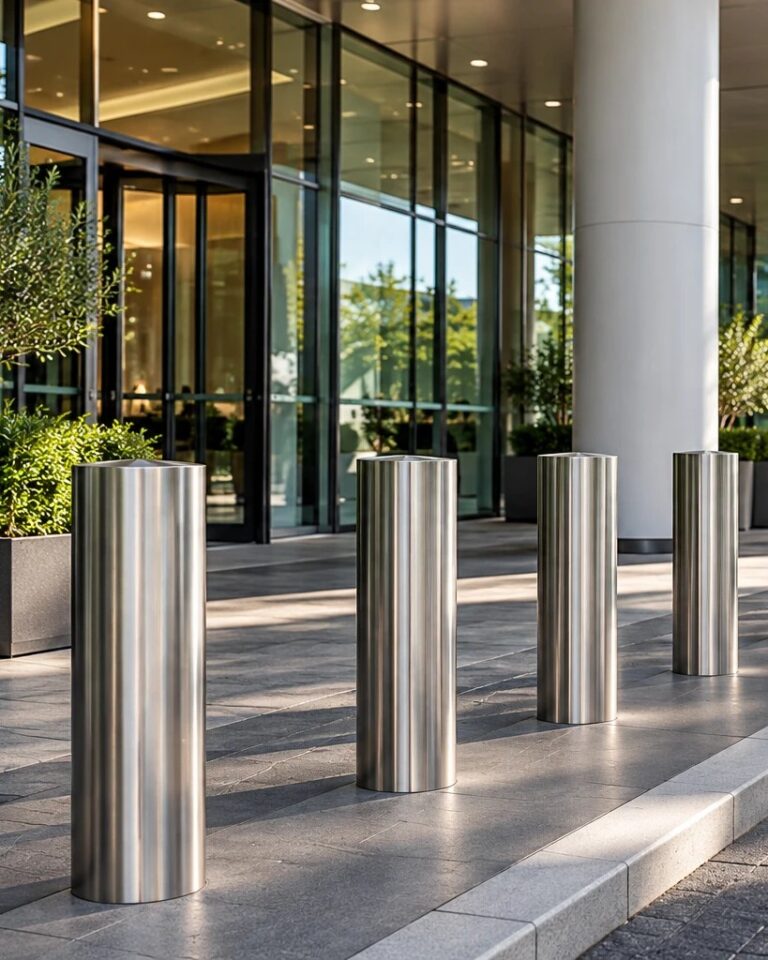 Row of stainless steel bollards along a walkway