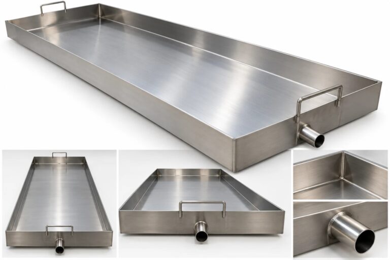 Stainless steel drip tray with handles and welded drain outlet, several views