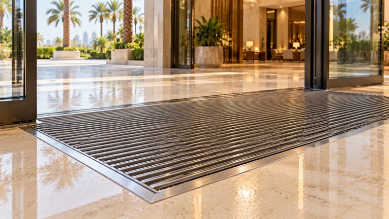 Recessed stainless steel entrance mat at a hotel lobby entrance in Dubai
