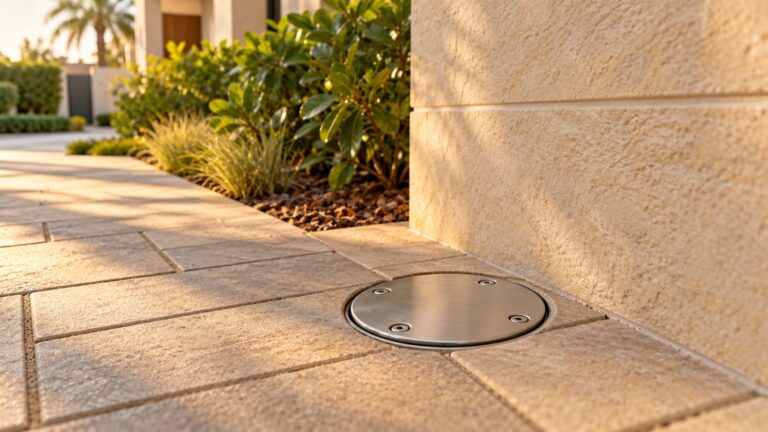 Round stainless steel rodding eye access cover set flush in villa paving in Dubai