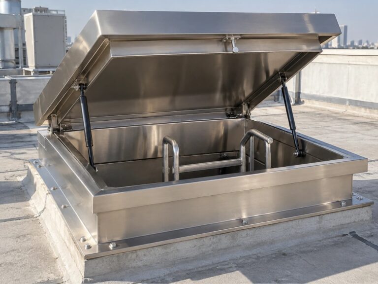 Stainless steel roof access hatch open on a rooftop, with gas struts and ladder