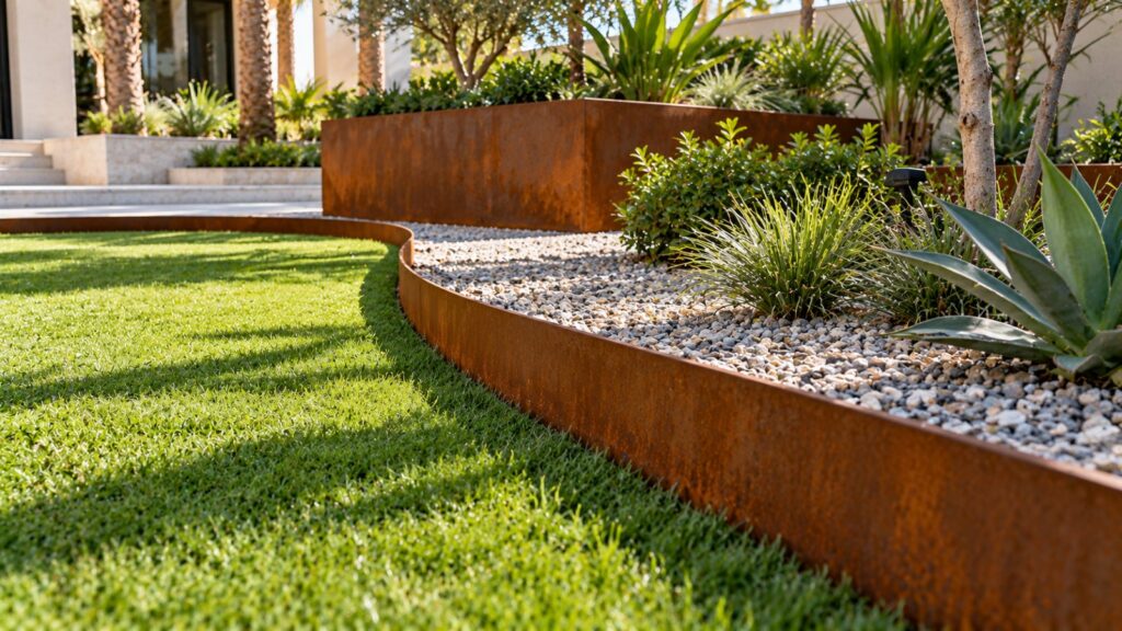 Weathering steel garden edging between lawn and gravel with a steel planter behind